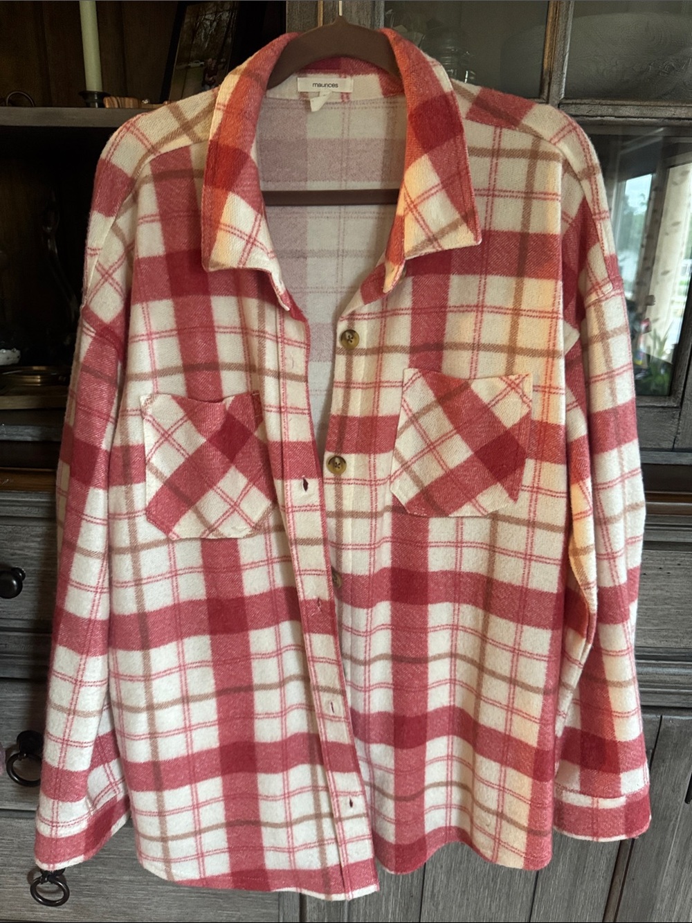 Maurices Cream and Red Plaid Button-Down Shirt